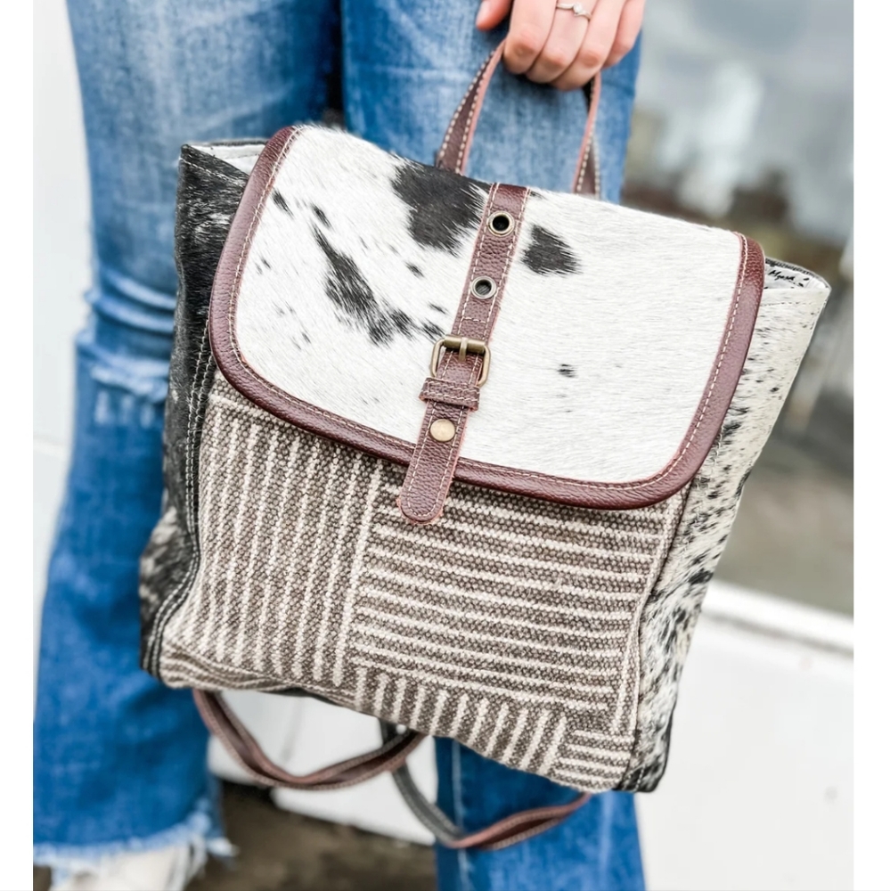 Myra Bag Brown and White Patchwork Cowhide Backpack